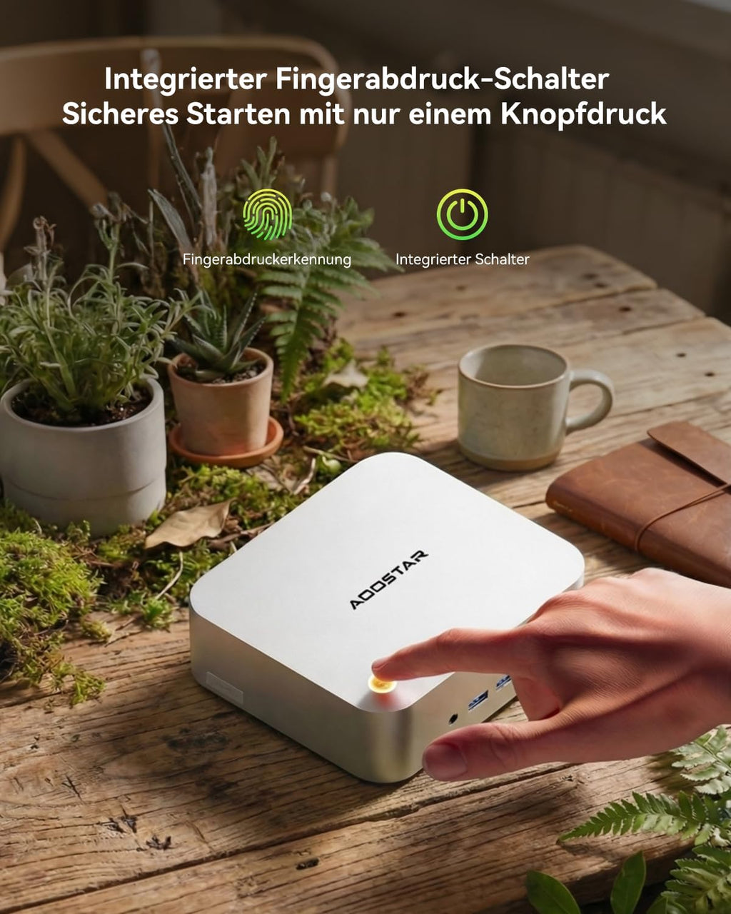 AOOSTAR MACO Mini PC AMD R7 PRO 6850H (8C/16T upp till 4,7GHz) 24GB LPDDR5 RAM + 1TB PCIe4.0 SSD, OCuLink/2xUSB4/2x2,5G LAN/4K Quad-Skärm/Fingeravtryck, W11 Pro, Mini Computer för gaming och kontor