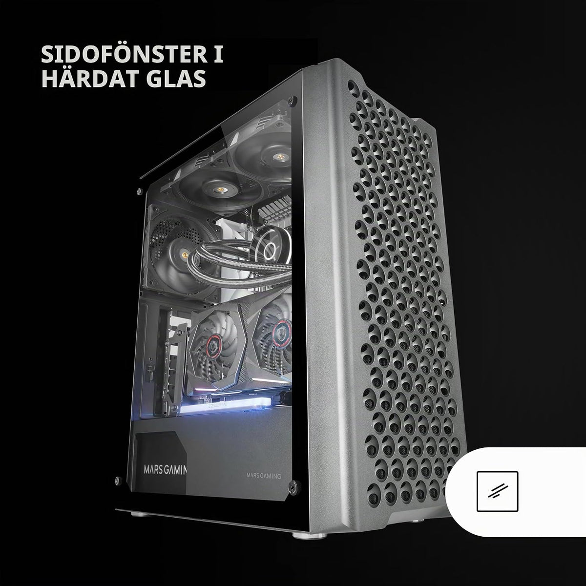 Mars Gaming MC-TITAN, Gamingkabinett RGB XXL ATX, Dubbel LED-Remsa och Främre ARGB-Belysning, Belysningshub + Fjärrkontroll, Kompatibel med ARGB Moderkort, Stöd för Vätskekylning, Svart