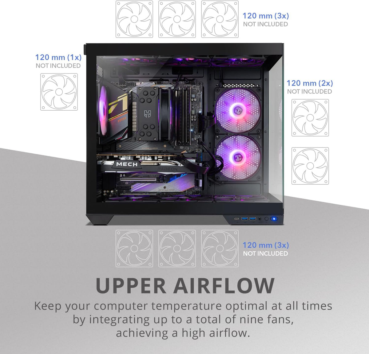 NOX XTREME PRODUCTS Hummer Galaxy - Datorchassi, Ramlöst Härdat Glas, 4x 120mm PWM Fläktar, Plats för 10 Fläktar, USB-C och USB 3.0, ARGB Hub Controller, ATX/M-ATX/ITX, Svart