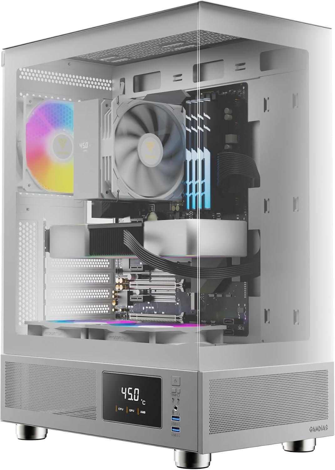GAMDIAS ATLAS E1 WH Gaming ATX Mid Tower Datorfodral, anpassad bildskärm med programvara, 3 x 120 mm ARGB-fläktar (2 baksida), panorama härdat glasskärm, perforerad luftflödesventil PSU-kammare, vit