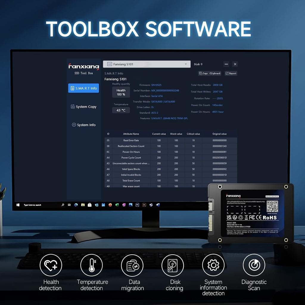 Fanxiang S101 1 TB SSD SATA III 6 Gb/s 2,5 tum intern solid state-enhet, läshastighet upp till 550 MB/sek, kompatibel med bärbara datorer och PC stationära datorer (svart)