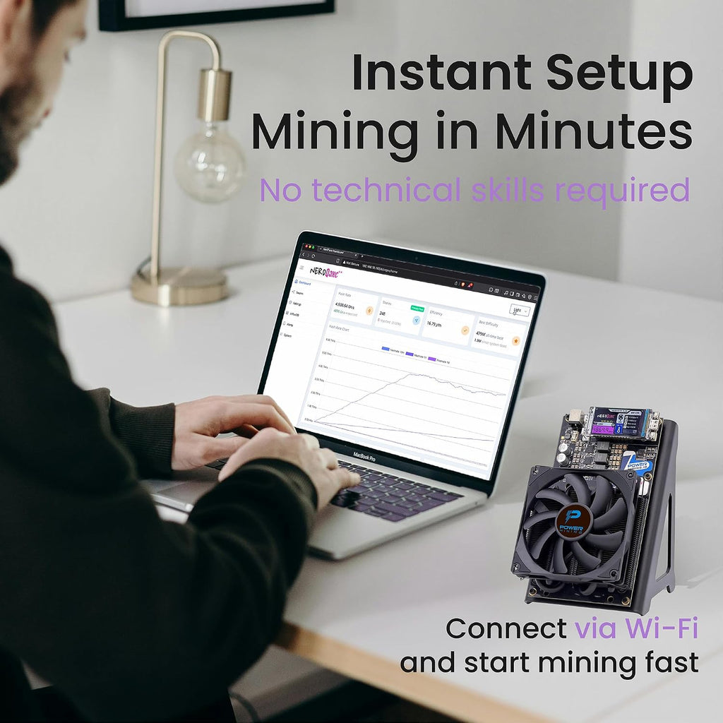 NerdQaxe++ Silent Bitcoin Miner – 4,8 TH/s @ 72 W | 4 × BM1370 chips | låg bruskylning | 2,4 G Wi-Fi & LAN | AxeOS Open-SSource | inkl. strömförsörjning och metallstativ