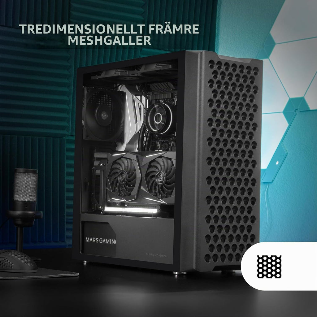 Mars Gaming MC-TITAN, Gamingkabinett RGB XXL ATX, Dubbel LED-Remsa och Främre ARGB-Belysning, Belysningshub + Fjärrkontroll, Kompatibel med ARGB Moderkort, Stöd för Vätskekylning, Svart