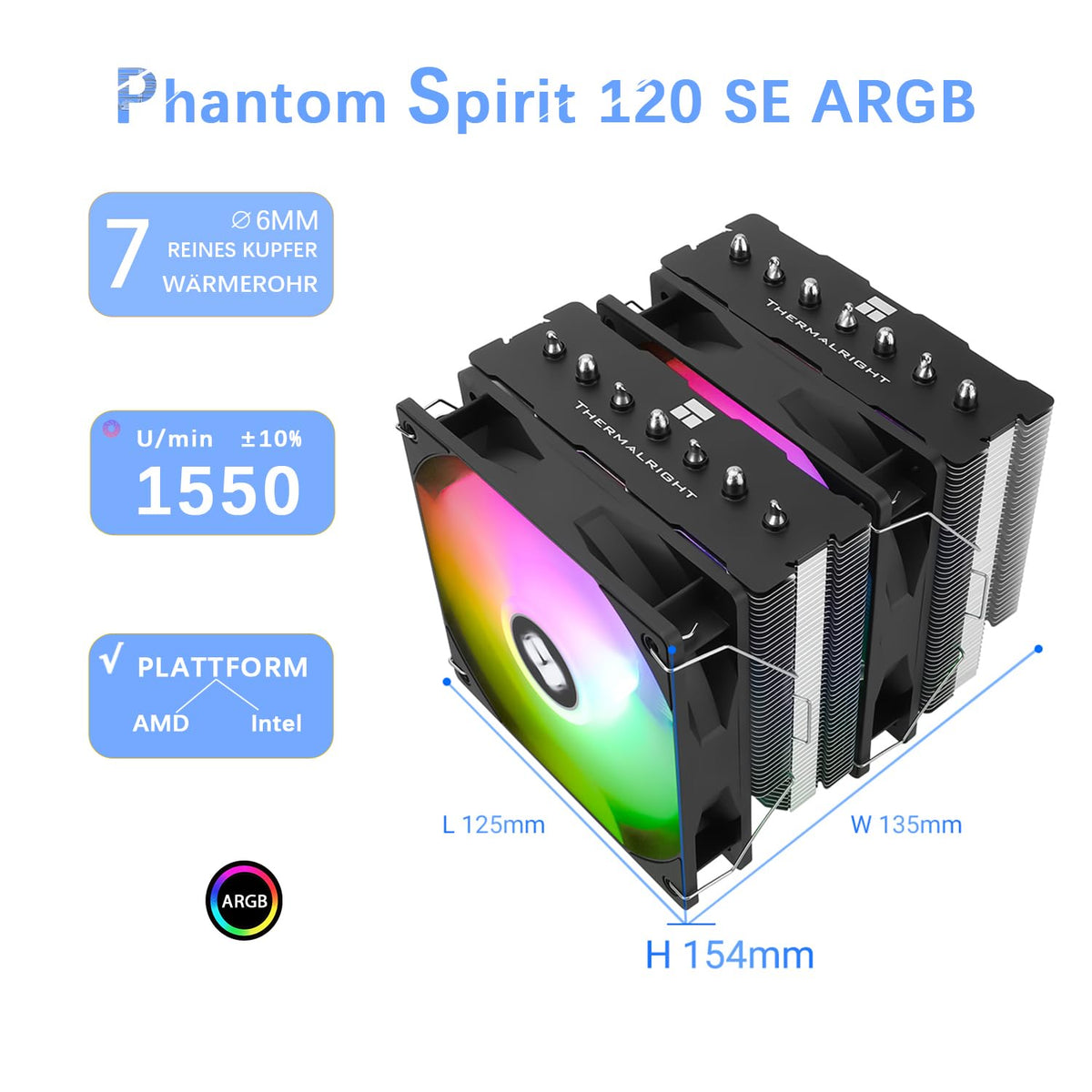 TR-Thermalright Phantom Spirit 120 SE ARGB CPU Kühler, Doppelturm med 7 värmepipor, dubbel TL-C12B V2 PWM-kabel, för AM5/AM4, Intel lga1851/1700/115x/1200,154 mm, hög dator, Kühlung