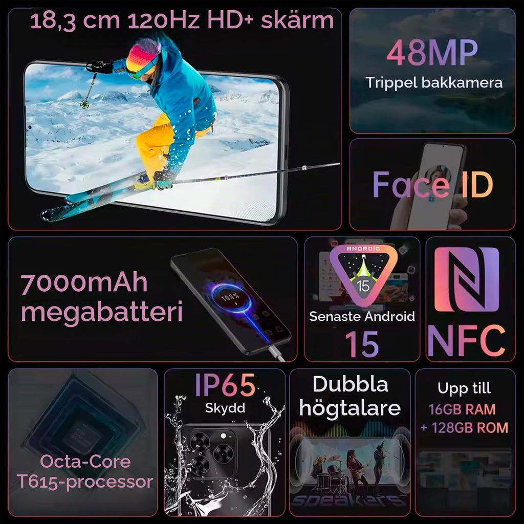 Note 60 - Smartphone 4G 7.2" HD+ 120Hz, 16GB RAM (6GB+10GB Exp.), 128GB ROM, 48MP Kamera, 7000mAh Batteri, Android 15, Unisoc T615, Svart