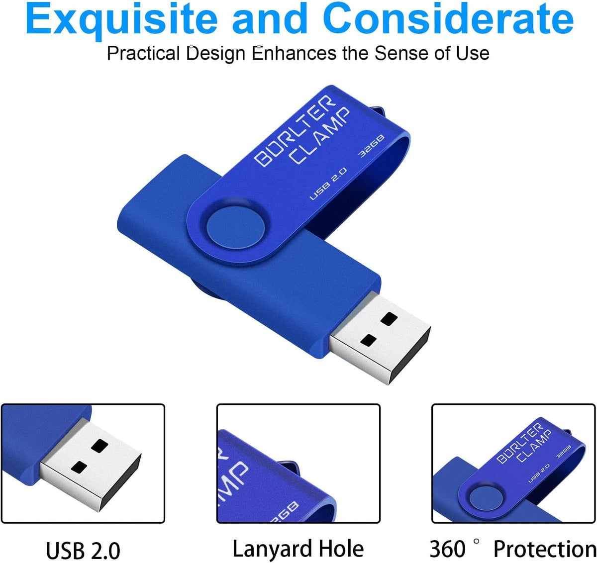 BorlterClamp 32 GB USB-minne 2-pack USB 2.0-enhetsset, färgglada USB-flash-enheter, vridbara USB-minnen, svart och lila