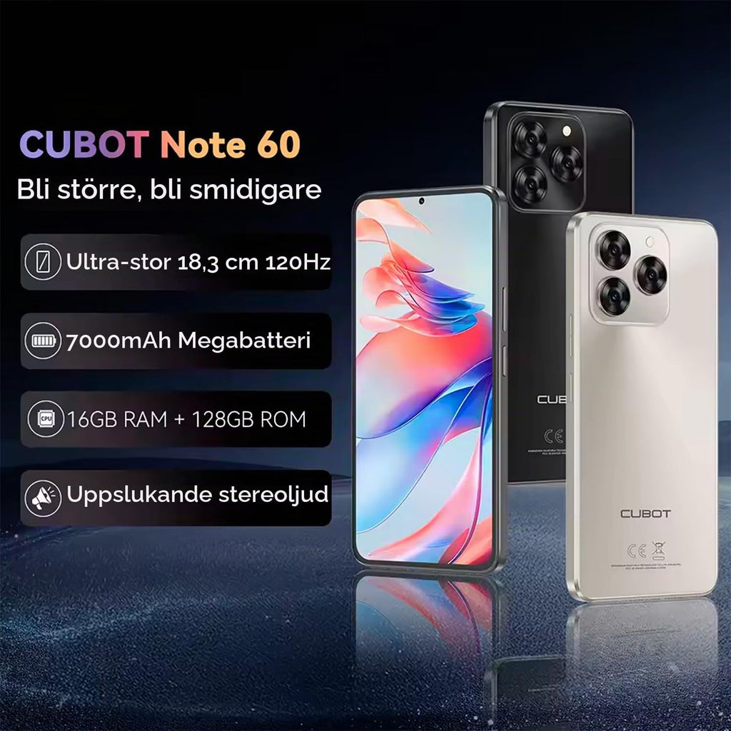 Note 60 - Smartphone 4G 7.2" HD+ 120Hz, 16GB RAM (6GB+10GB Exp.), 128GB ROM, 48MP Kamera, 7000mAh Batteri, Android 15, Unisoc T615, Svart