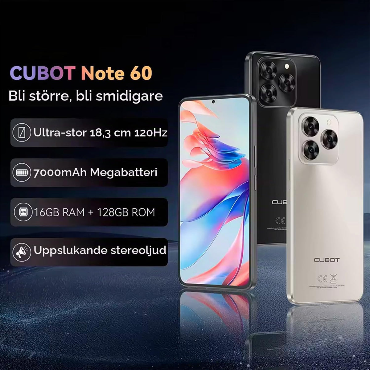 Note 60 - Smartphone 4G 7.2" HD+ 120Hz, 16GB RAM (6GB+10GB Exp.), 128GB ROM, 48MP Kamera, 7000mAh Batteri, Android 15, Unisoc T615, Svart