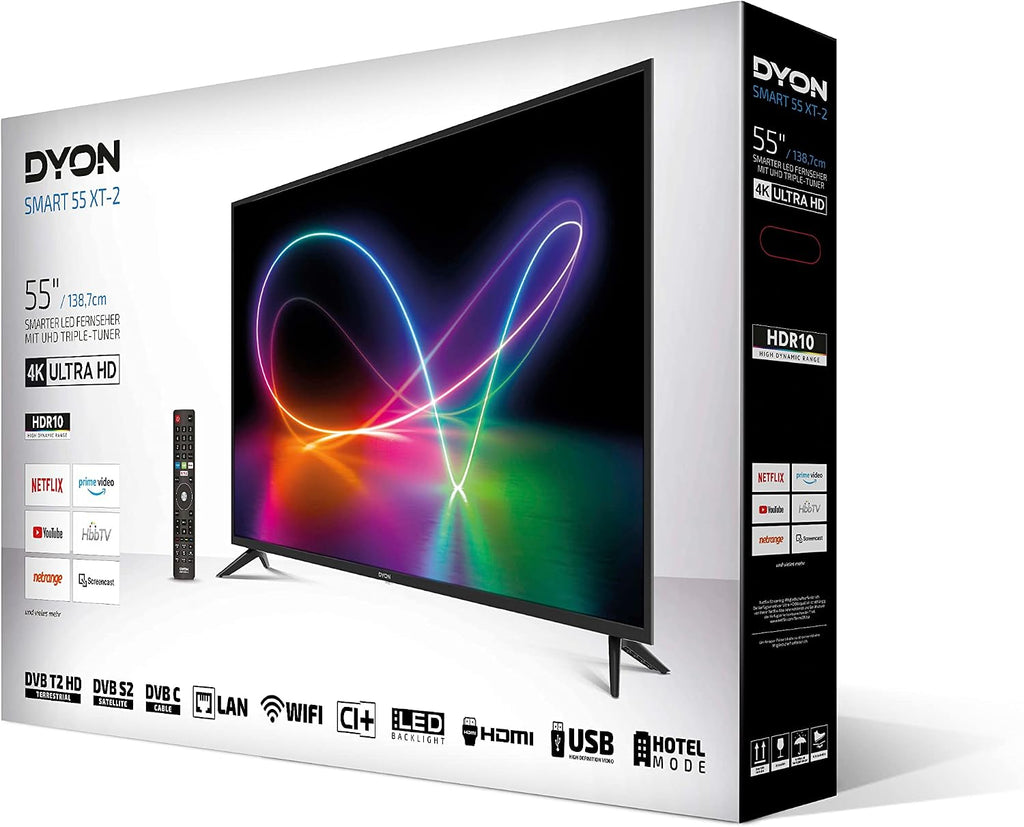 DYON Smart 40 VX-2 Full HD-TV, trippel HD-mottagare (DVB-C/-S2/-T2), App Store, Prime Video, Netflix, YouTube, DAZN, Disney+, svart