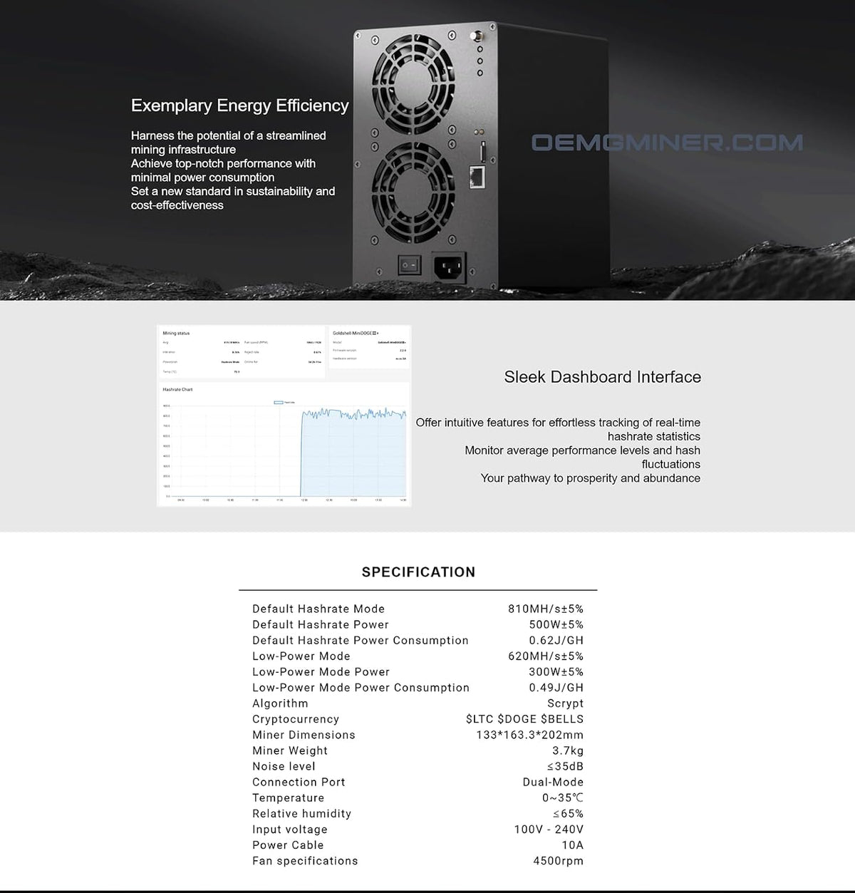 Ny Goldshell Mini Doge Plus ASIC Miner för Doge Coin & LTC Hashrate 810 m 500 W ström med nätsladd