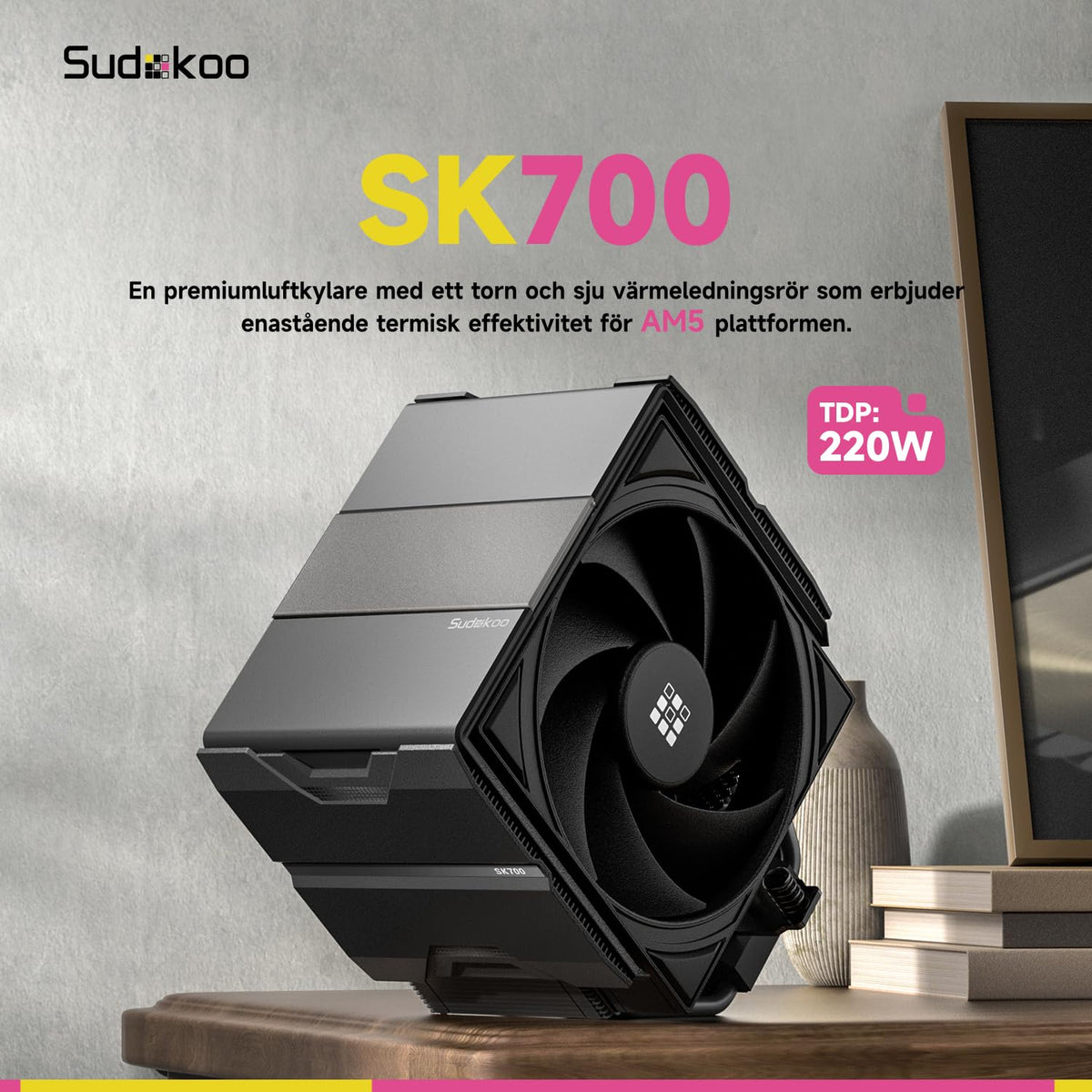 Sudokoo SK700V VIT AM5 CPU-Kylare, AM5 Exklusiv, Digital Display, 7 Värmeledarrör CPU-Luftkylare, Enkel Torn-Design, 120mm FDB PWM-Fläkt, Full RAM-Kompatibilitet, L-Rail Låsmontering, 5 Års Garanti