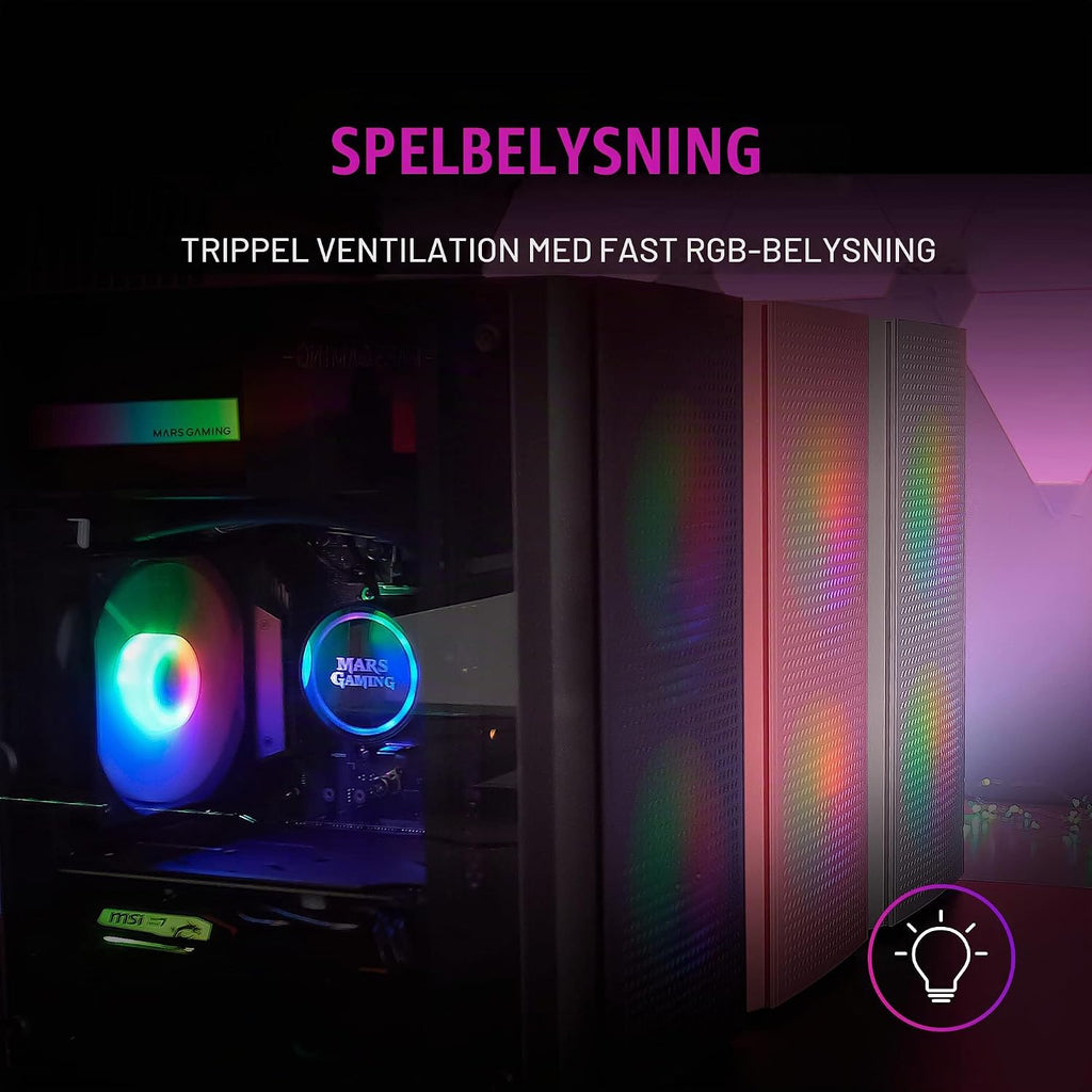 Mars Gaming MC300P rosa, Micro-ATX PC-hölje, härdat glas, meshfront, 3 x FRGB fläkt
