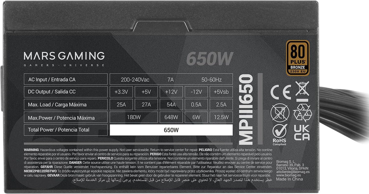 Mars Gaming MPIII650 ATX 650W Nätaggregat, 80 Plus Bronze, Svart