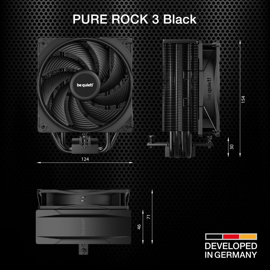 be quiet! Pure Rock 3 Black luftkylare, mycket hög kylprestanda, 4 högpresterande heatpipes med HDT-teknik, optimerad Pure Wings 3 120 mm PWM-fläkt, förinstallerad monteringsbrygga