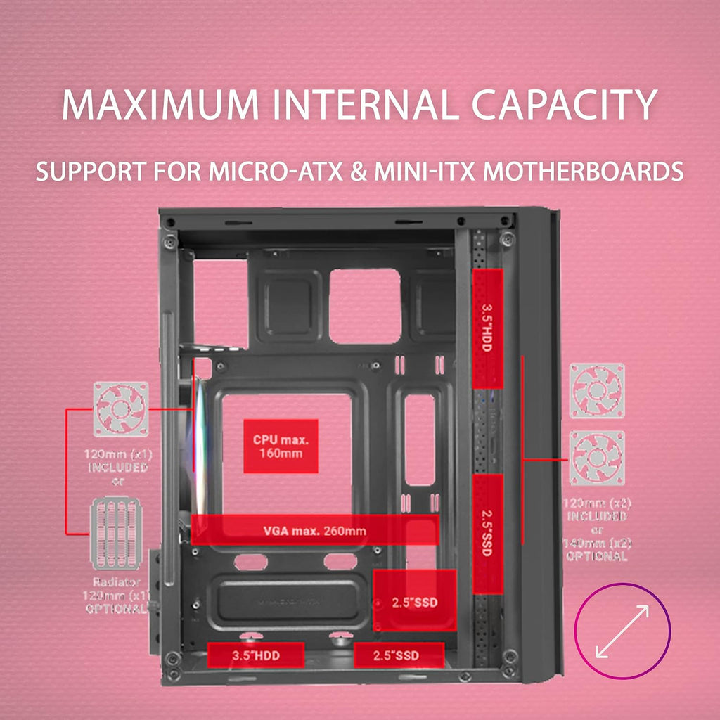 Mars Gaming MC300P rosa, Micro-ATX PC-hölje, härdat glas, meshfront, 3 x FRGB fläkt