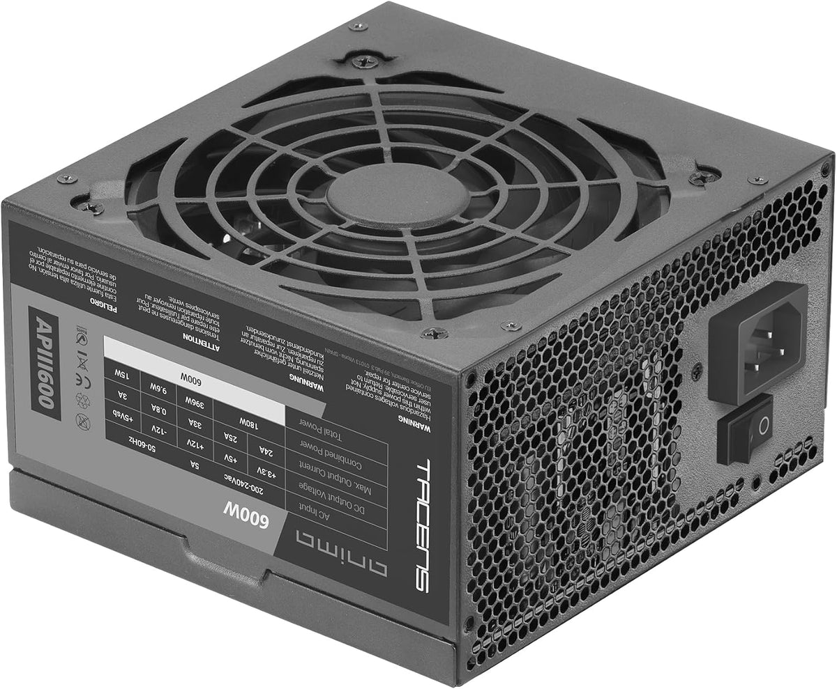 Tacens Anima APIII600, ATX-nätaggregat för PC 600W, SMD-teknik, 85% 12V-effektivitet, 12 cm ultratyst fläkt, Japanska TK-kondensatorer 105 °C, Kolfiberkablar, Svart