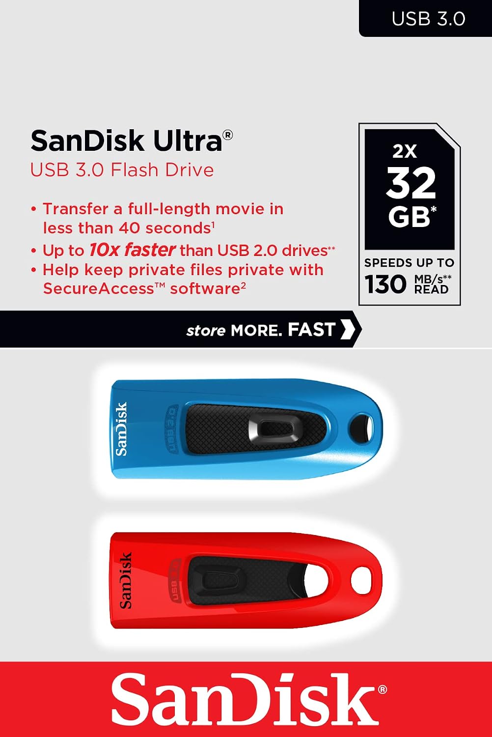 SanDisk Ultra 128 GB, USB 3.0 flash drive, with up to 130 MB/s read speed, Black