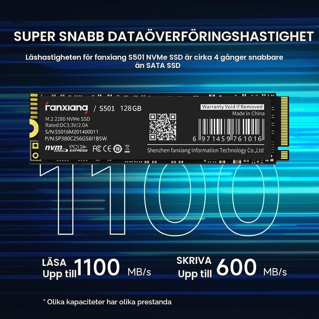 fanxiang M.2 SSD 128 GB, PCIe Gen3.0 x4 2280, upp till 1200 MB/s läsning, 128 GB NVMe SSD med grafen termisk pasta, bärbar dator och stationär dator, intern hårddisk