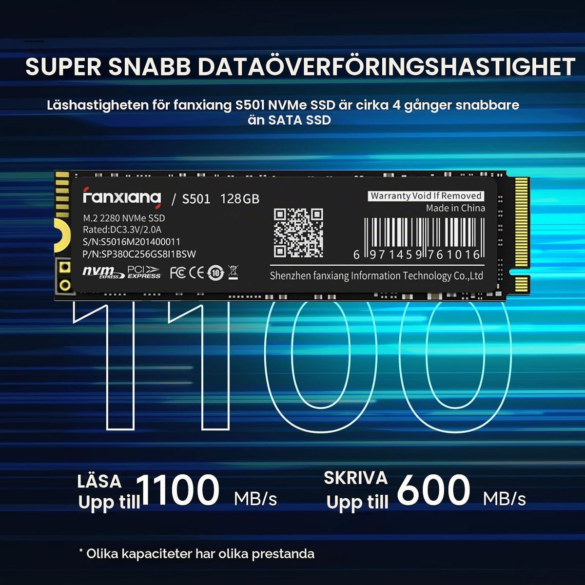 fanxiang M.2 SSD 128 GB, PCIe Gen3.0 x4 2280, upp till 1200 MB/s läsning, 128 GB NVMe SSD med grafen termisk pasta, bärbar dator och stationär dator, intern hårddisk