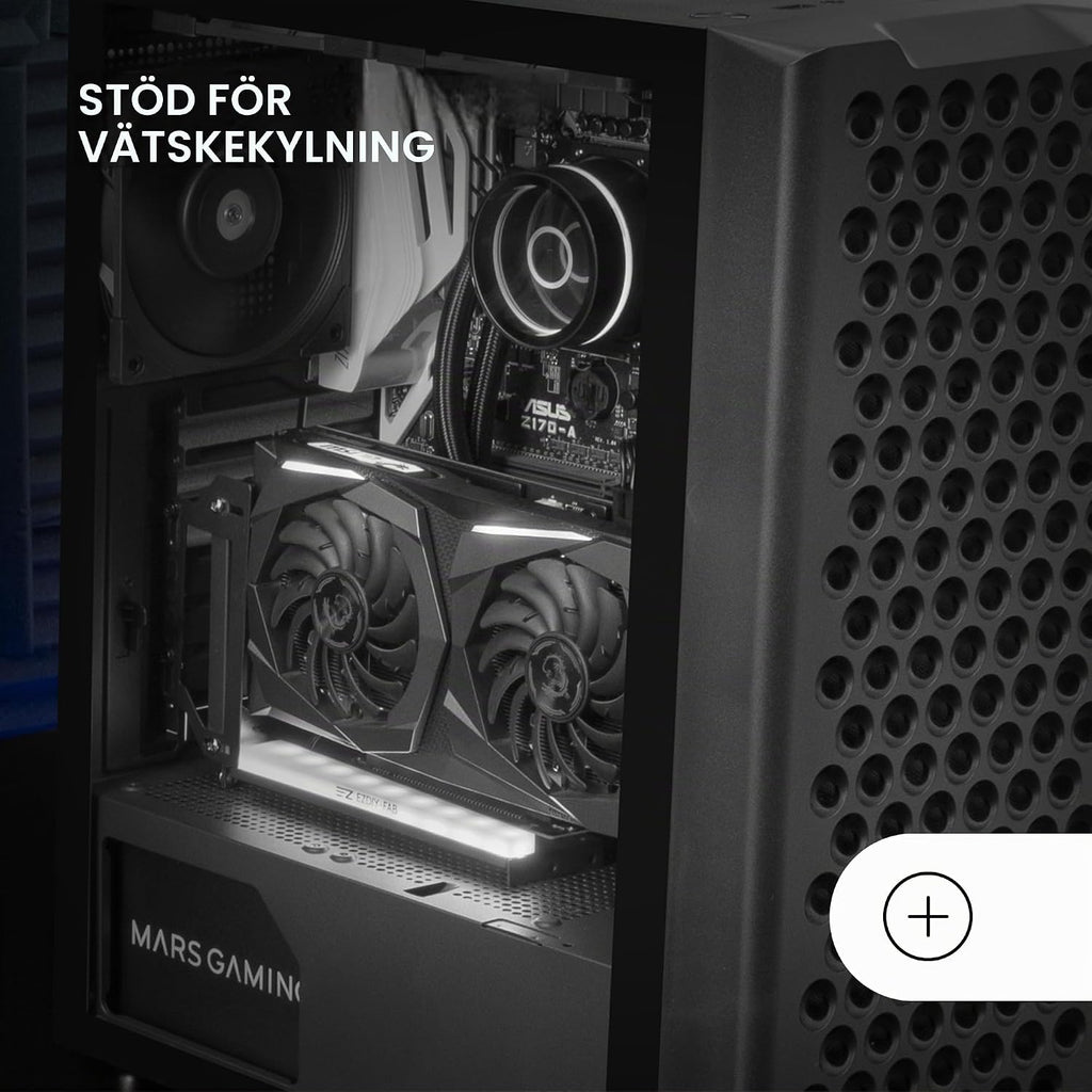 Mars Gaming MC-TITAN, Gamingkabinett RGB XXL ATX, Dubbel LED-Remsa och Främre ARGB-Belysning, Belysningshub + Fjärrkontroll, Kompatibel med ARGB Moderkort, Stöd för Vätskekylning, Svart