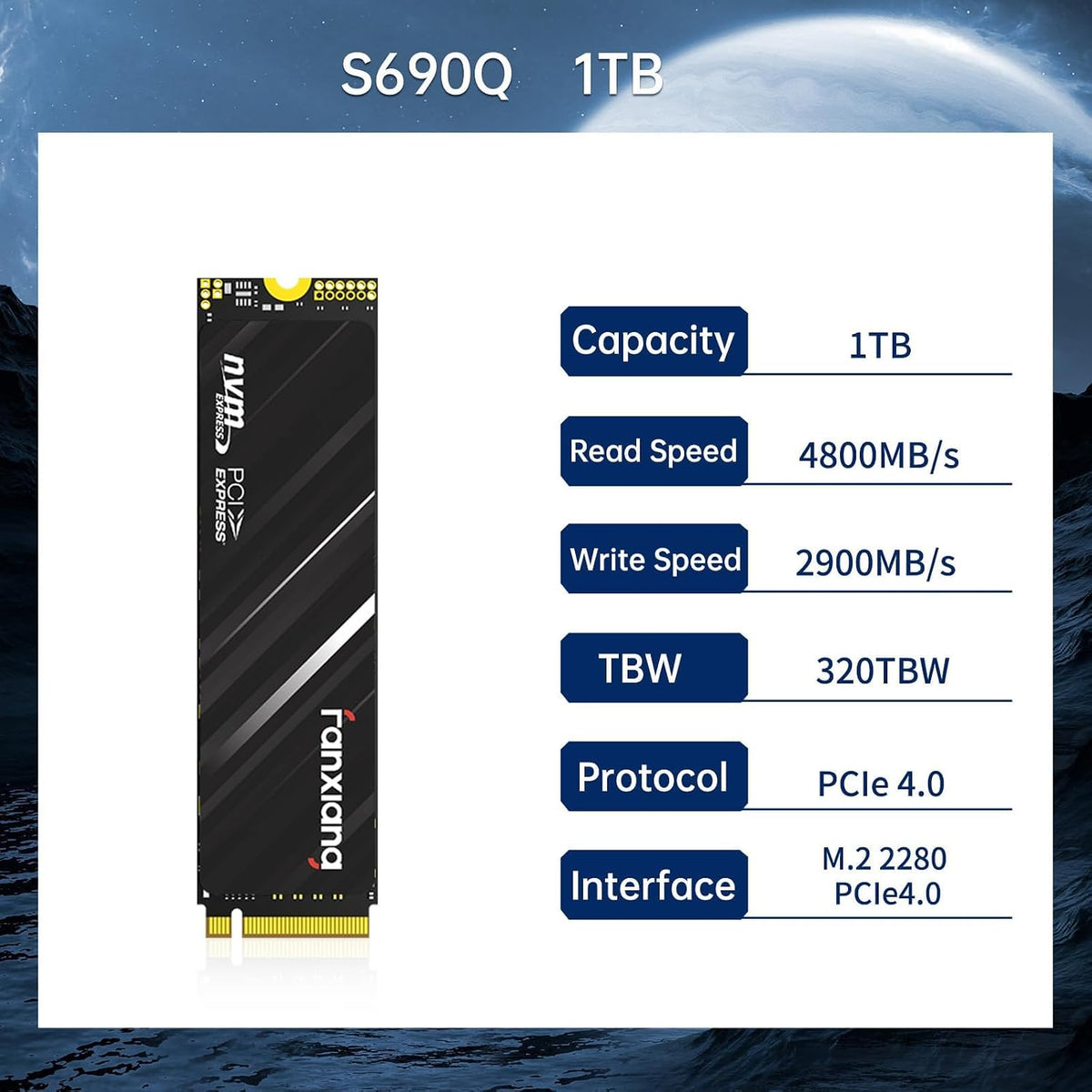 fanxiang 1 TB NVMe PCIe 4X4 M.2 2280 SSD upp till 4800 MB/s 3D NAND SSD kompatibel med PS5 — perfekt för spelare och proffs — S690Q