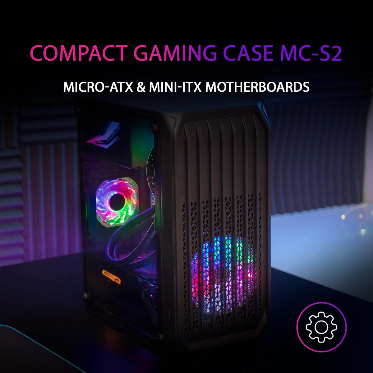 Mars Gaming MC-S2, ultrakompakt Micro-ATX PC-fodral, främre galler, 2x FRGB-fläktar, spelfodral för helsidofönster, stöder vätskekylning upp till 240 mm, vit