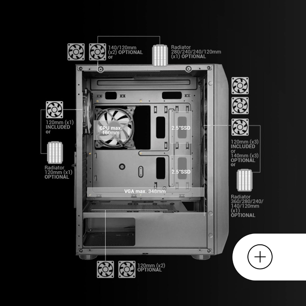 Mars Gaming MC-NOVA, Custom XXL E-ATX Gaming Tower, flyg- och rymdfartsaluminium, helt dubbelfönster härdat glas, Dual Chamber Construction, USB-C
