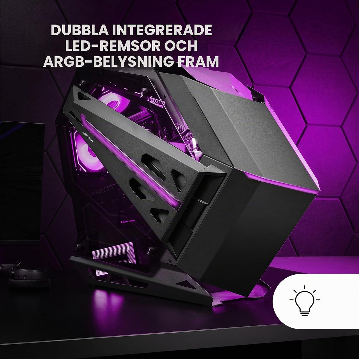 Mars Gaming MC-TITAN, Gamingkabinett RGB XXL ATX, Dubbel LED-Remsa och Främre ARGB-Belysning, Belysningshub + Fjärrkontroll, Kompatibel med ARGB Moderkort, Stöd för Vätskekylning, Svart