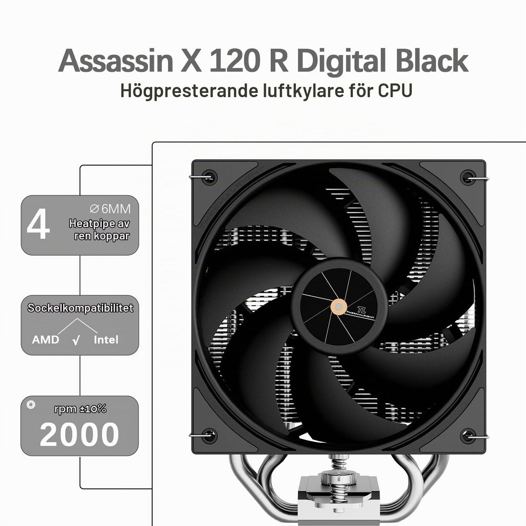 TR-Thermalright Assassin X 120 Digital ARGB vit CPU-kylare, 4 värmerör ARGB-fläkt 120 mm-2 000 varv/min, topplock med digital skärm, för AM5/AM4, Intel LGA1851/1700, vit