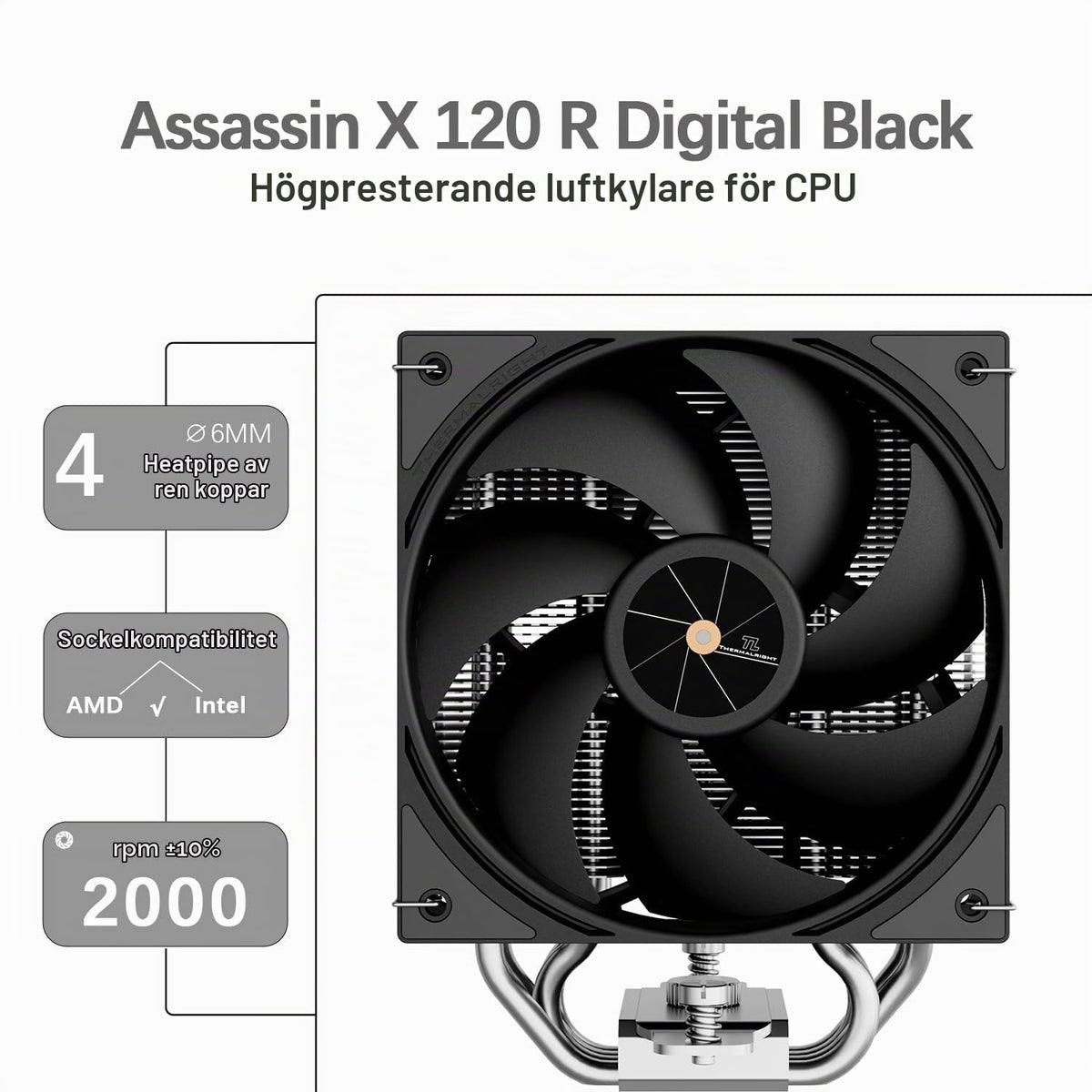 TR-Thermalright Assassin X 120 Digital ARGB vit CPU-kylare, 4 värmerör ARGB-fläkt 120 mm-2 000 varv/min, topplock med digital skärm, för AM5/AM4, Intel LGA1851/1700, vit