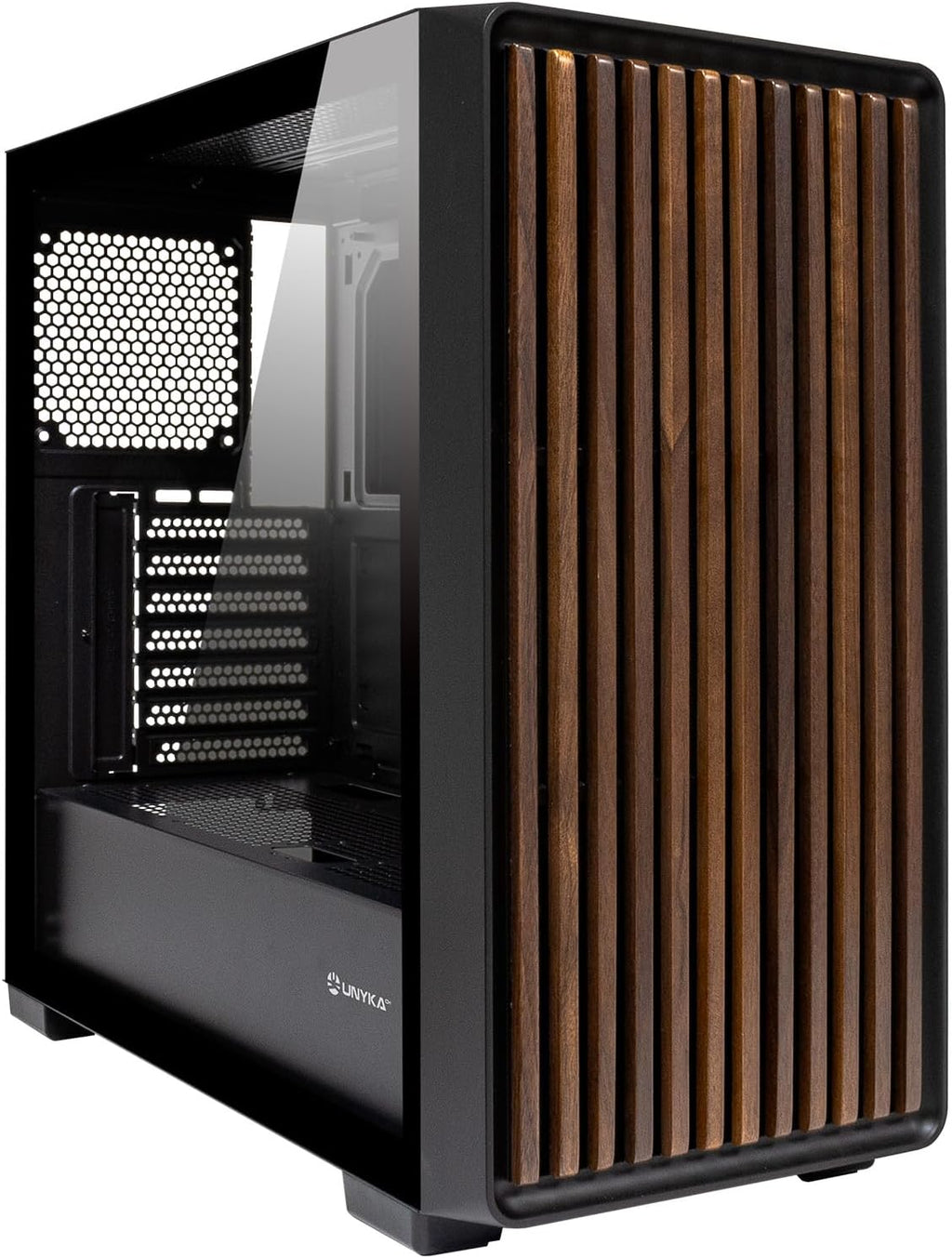 UNYKAch Revelat Madeira Black ATX-fodral med härdat glassida, lämpligt för kort upp till 425 mm och vätskekylning upp till 360 mm