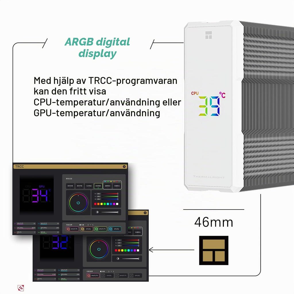 TR-Thermalright Assassin X 120 Digital ARGB vit CPU-kylare, 4 värmerör ARGB-fläkt 120 mm-2 000 varv/min, topplock med digital skärm, för AM5/AM4, Intel LGA1851/1700, vit