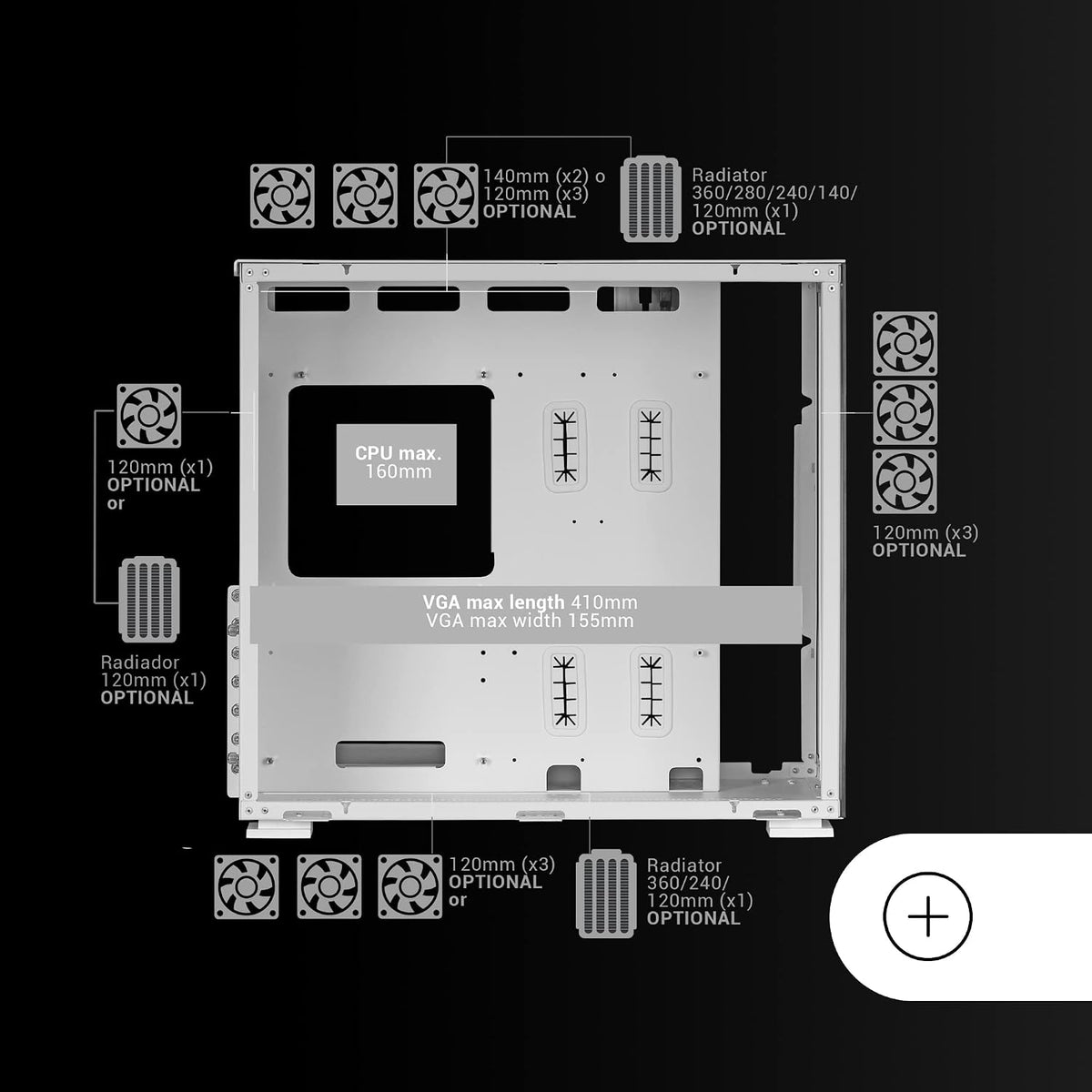 Mars Gaming MC-NOVA, Custom XXL E-ATX Gaming Tower, flyg- och rymdfartsaluminium, helt dubbelfönster härdat glas, Dual Chamber Construction, USB-C