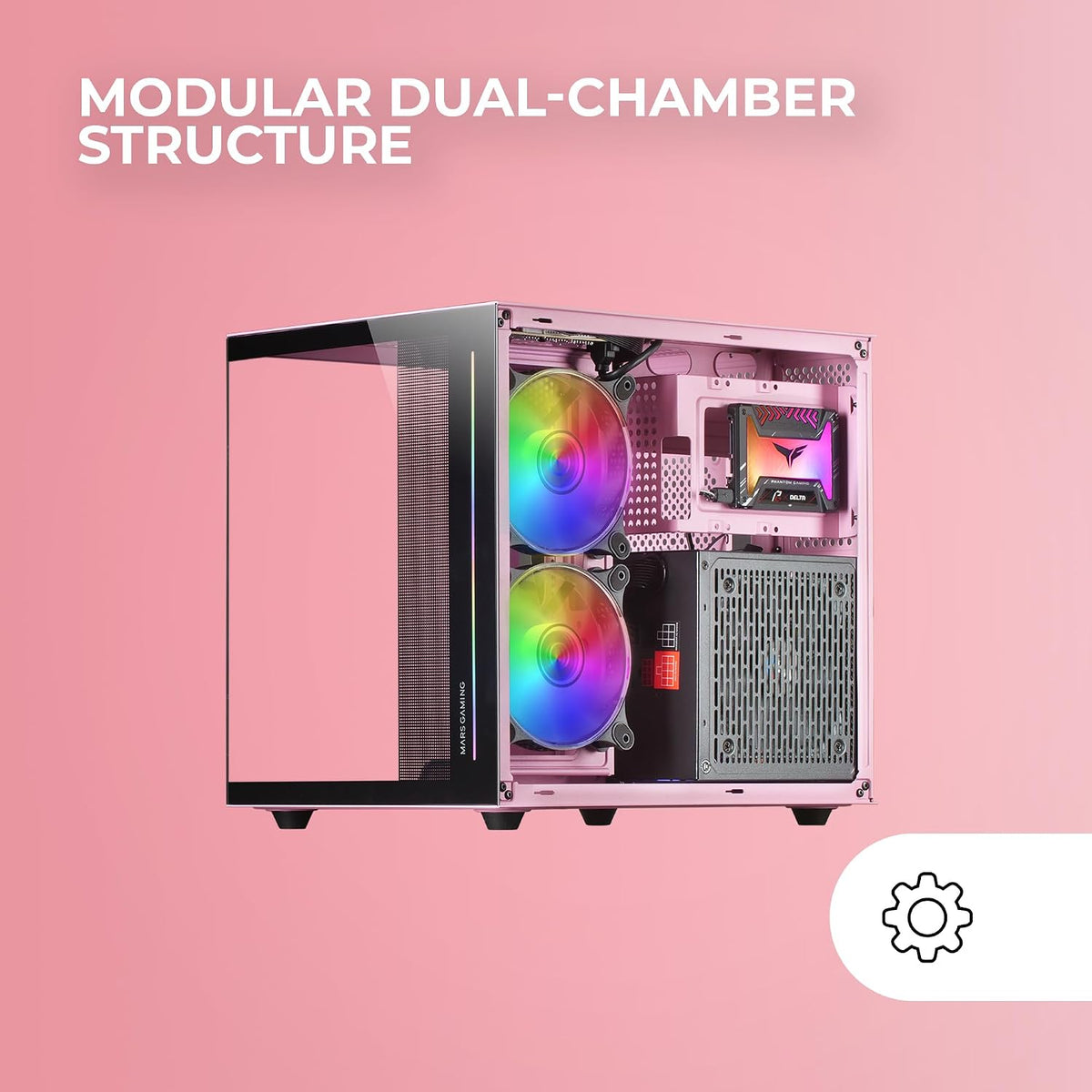 Mars Gaming MC-S1, ultrakompakt Micro-ATX PC-fodral, ARGB frontbelysning 12 lägen, FRGB-fläkt, spelfodral för helsidofönster, stöder vätskekylare upp till 120 mm, rosa