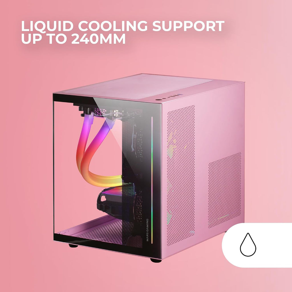 Mars Gaming MC-S1, ultrakompakt Micro-ATX PC-fodral, ARGB frontbelysning 12 lägen, FRGB-fläkt, spelfodral för helsidofönster, stöder vätskekylare upp till 120 mm, rosa