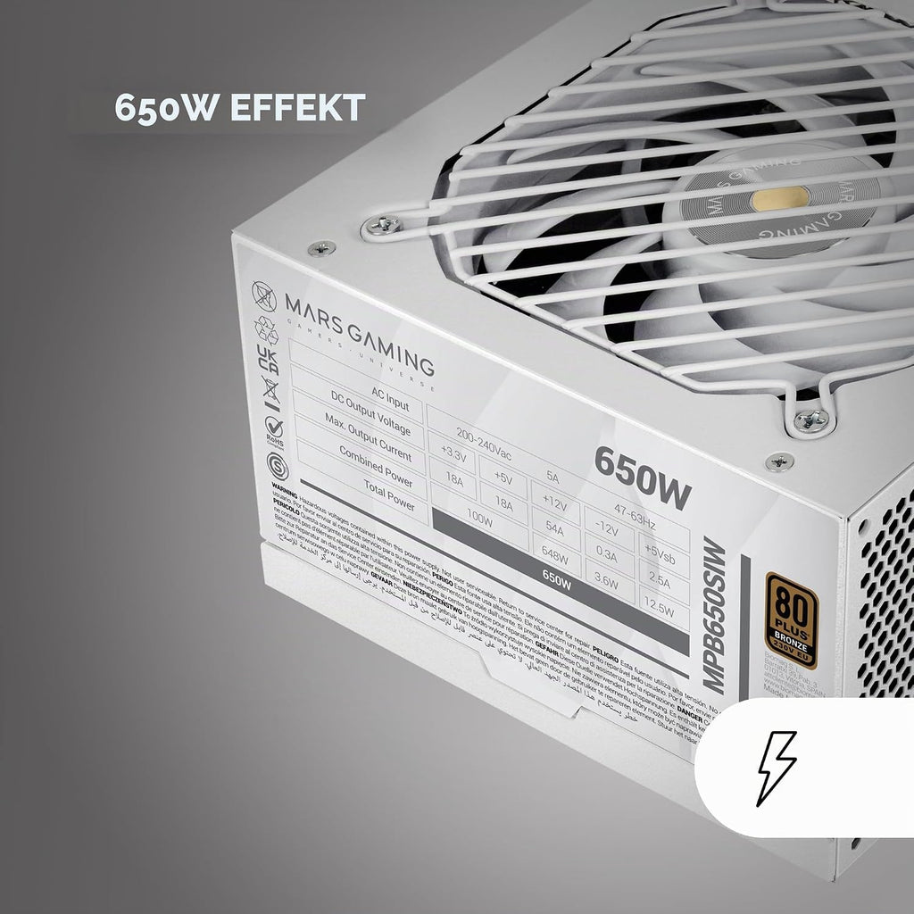 Mars Gaming MPB650SI, ATX Nätaggregat för PC 650W, 7 Års Garanti, 80Plus Bronze 230V, 90% Effektivitet, SI Extreme Silence-fläkt med Kopparkärna, AI2-RPM, DC-DC och SMD-teknologier, Vit