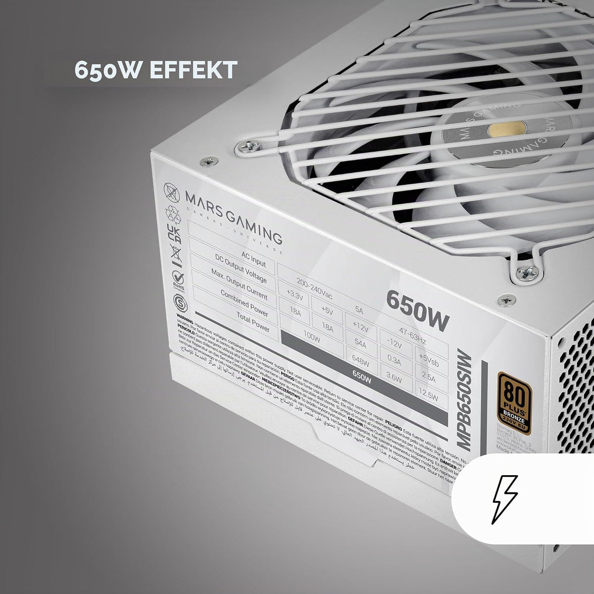 Mars Gaming MPB650SI, ATX Nätaggregat för PC 650W, 7 Års Garanti, 80Plus Bronze 230V, 90% Effektivitet, SI Extreme Silence-fläkt med Kopparkärna, AI2-RPM, DC-DC och SMD-teknologier, Vit