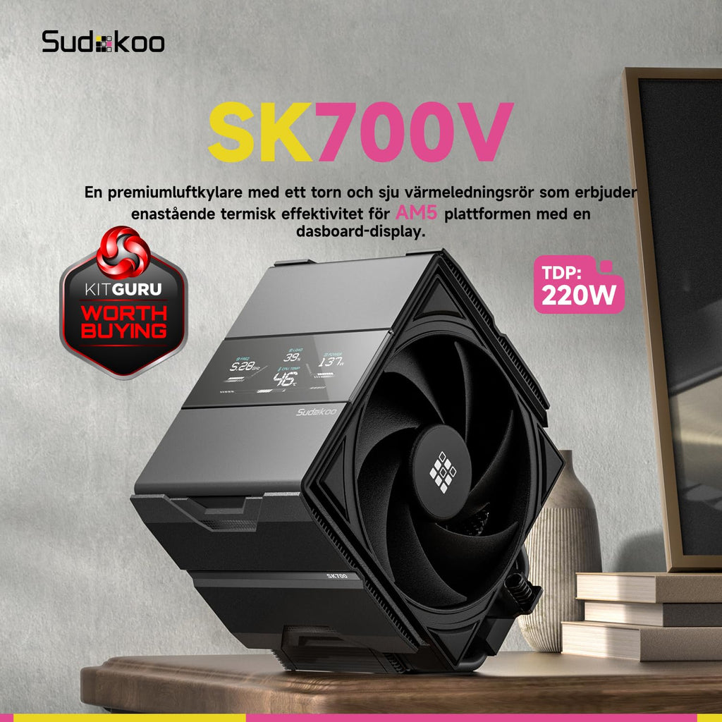 Sudokoo SK700V VIT AM5 CPU-Kylare, AM5 Exklusiv, Digital Display, 7 Värmeledarrör CPU-Luftkylare, Enkel Torn-Design, 120mm FDB PWM-Fläkt, Full RAM-Kompatibilitet, L-Rail Låsmontering, 5 Års Garanti