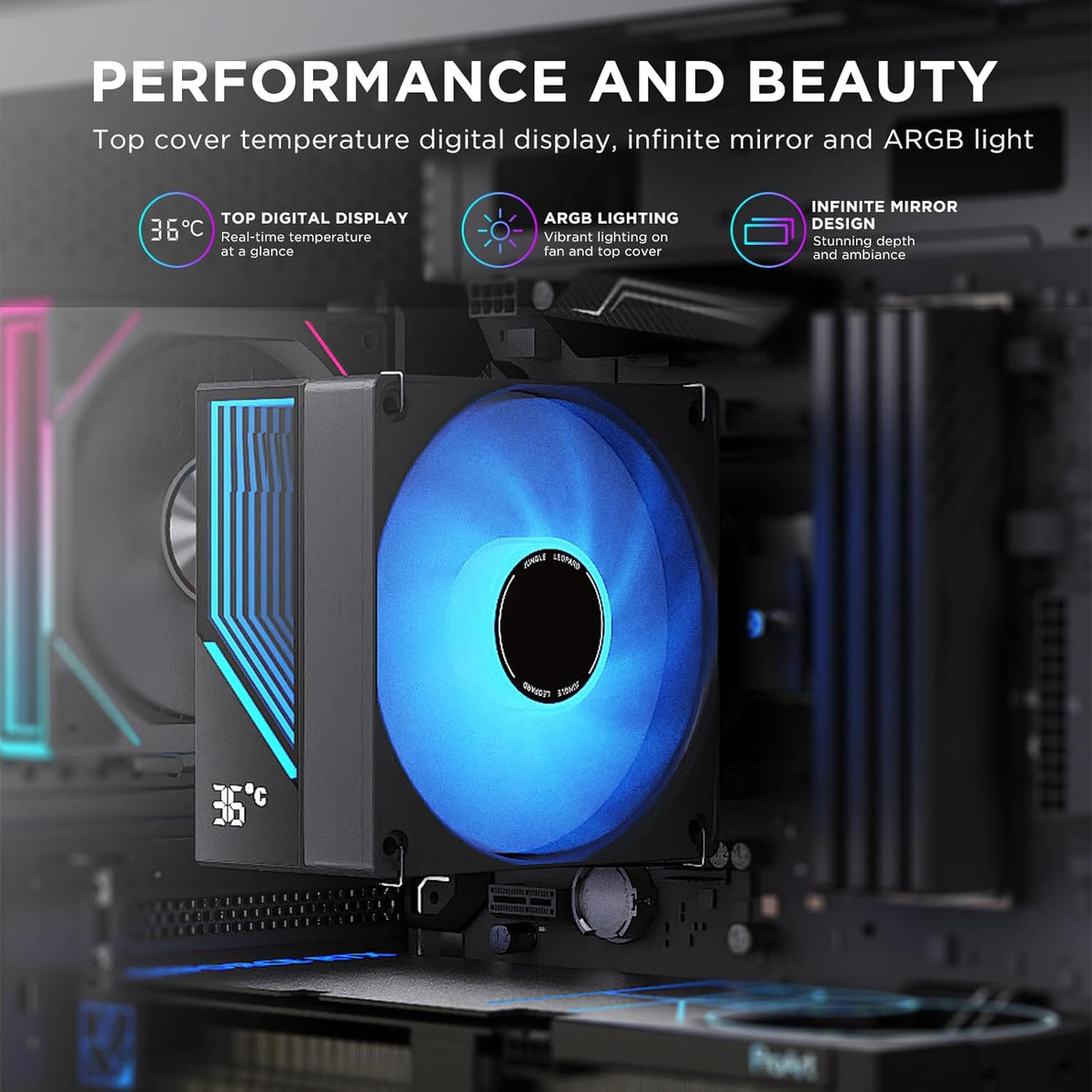 TZMRIT KF620 DGT ARGB CPU-kylare med temperaturvisning 265 W TDP för Intel LGA 1700/1200/115X/1851/1366/2011, för AMD AM4/AM5 (KF620BK)