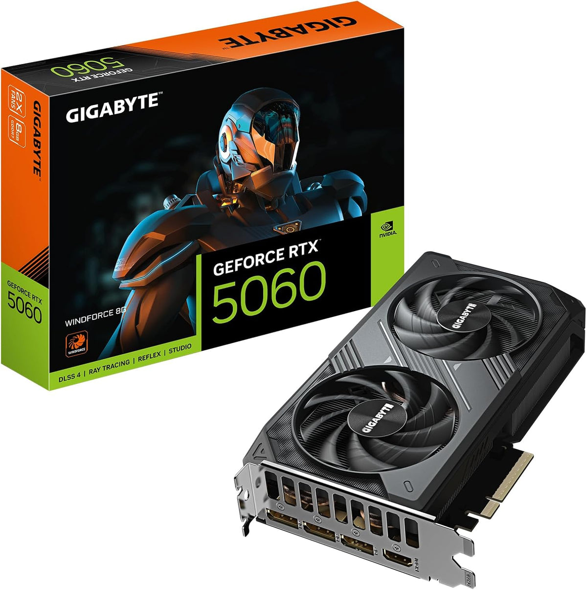 Gigabyte GeForce RTX 5060 WINDFORCE 8G grafikkort - 8 GB GDDR7, 128 bit, PCI-E 5.0, 2497 MHz kärnklocka, 3 x DisplayPort, 1 x HDMI, GV-N5060WF2-8GD