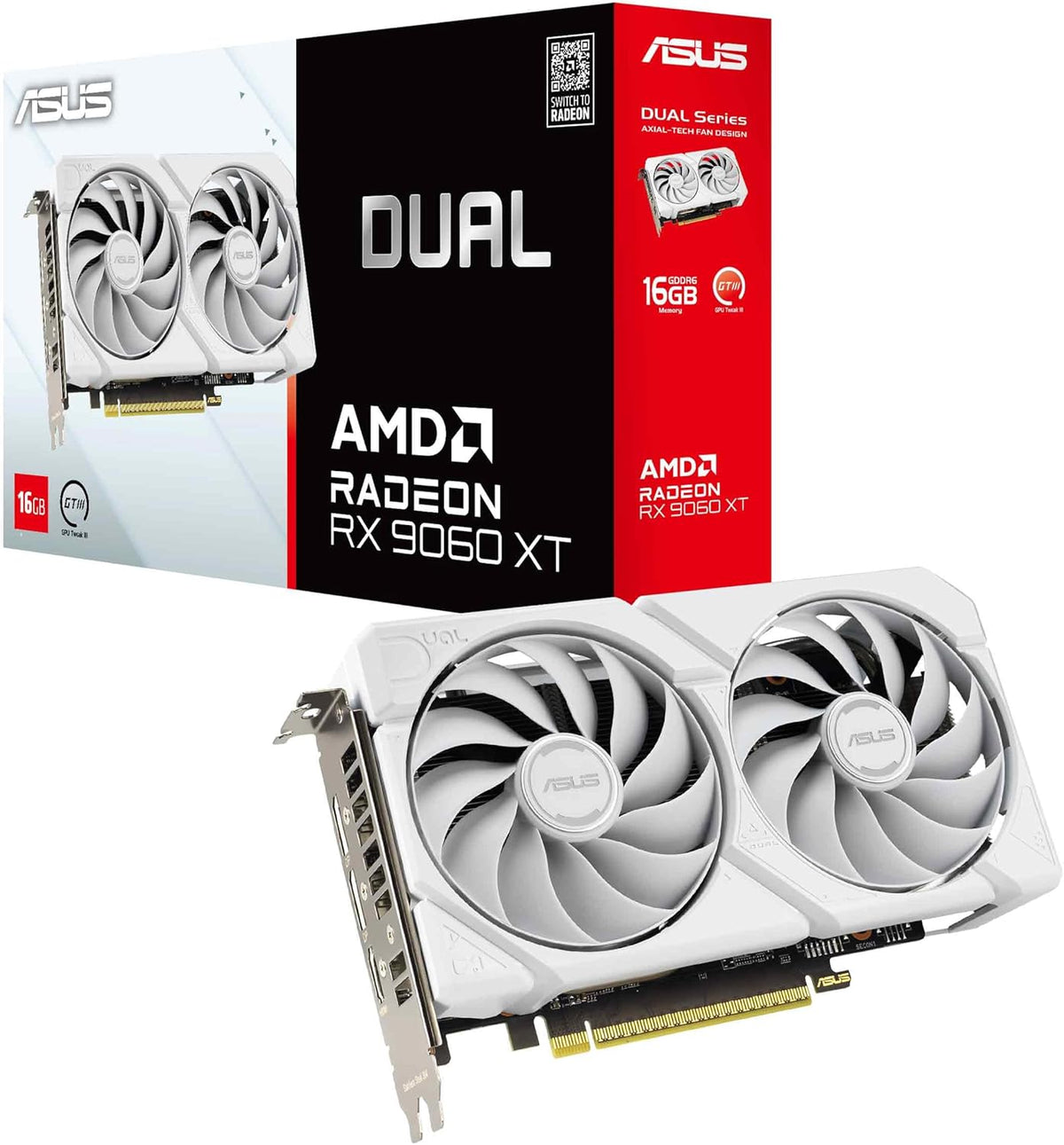 ASUS Dual Radeon RX9060XT 16G GDDR6 vitt spelgrafikkort (AMD Radeon RX9060XT, AMD RDNA 4 arkitektur, 2,5-slot design, DUAL BIOS, PCIe 5.0, 1x HMDI 2.1b, 2X DisplayPort 2.1a, vit)