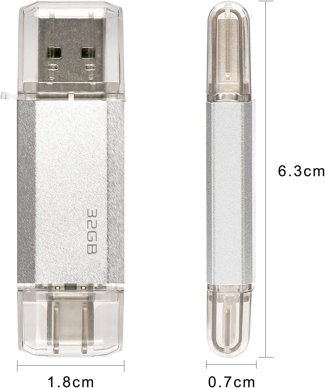 128 GB 2-i-1 USB-minne 128 GB typ-C Pendrive 128GO USB C Flash Drive 128 Giga 2-i-1 OTG Pen 128GO för PC/surfplatta/Laptop/Smartphone med typ C, Xiaomi/Huawei (silver)