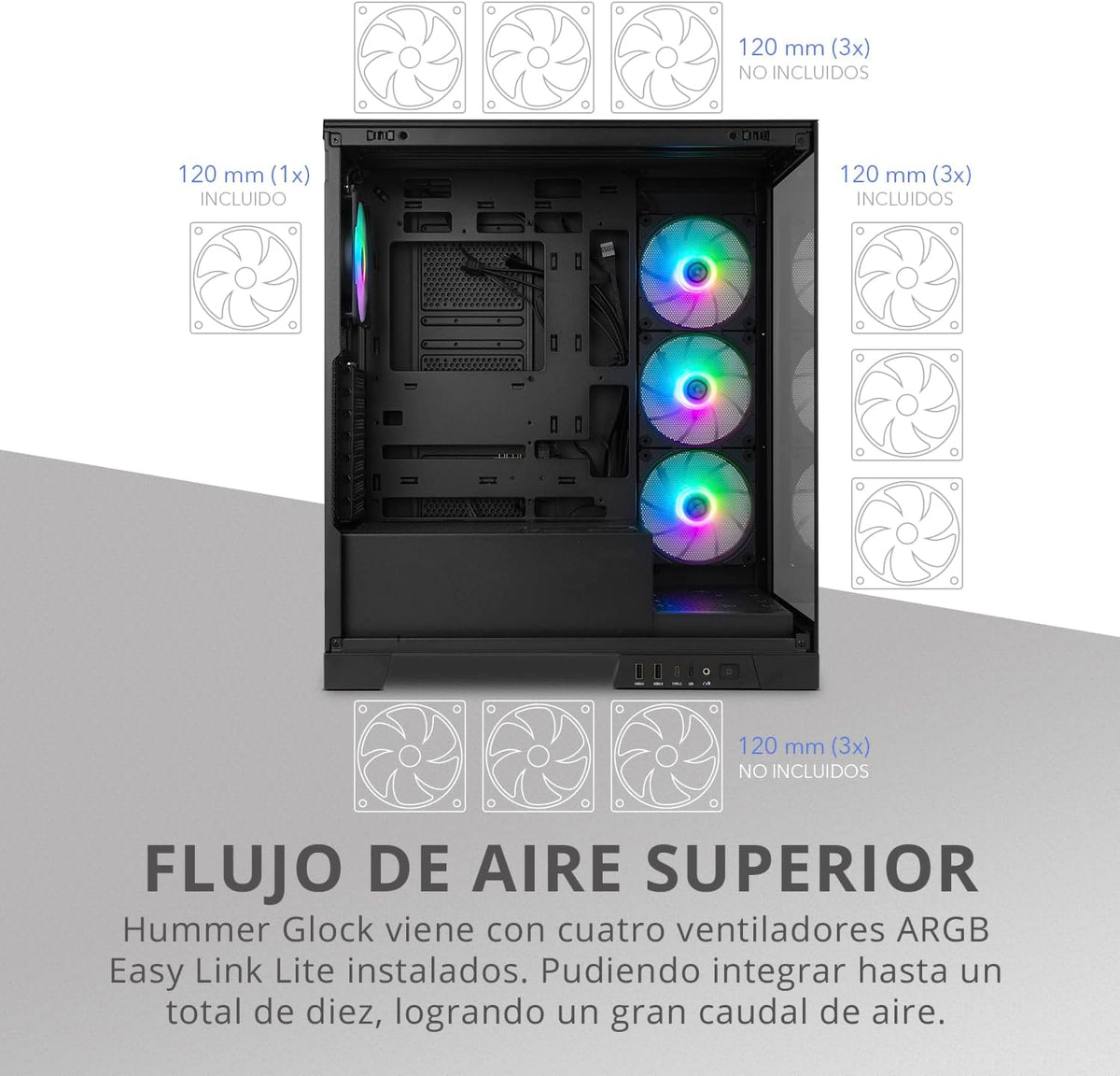 NOX XTREME PRODUCTS Hummer Galaxy - Datorchassi, Ramlöst Härdat Glas, 4x 120mm PWM Fläktar, Plats för 10 Fläktar, USB-C och USB 3.0, ARGB Hub Controller, ATX/M-ATX/ITX, Svart