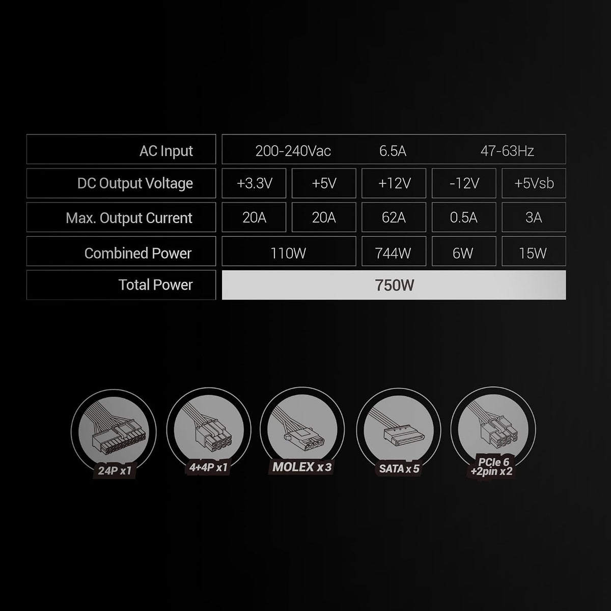 Mars Gaming MPZE750SI, ATX Nätaggregat 750W, 10 Års Garanti, 80 Plus Silver, +87% Effektivitet, AI2-RPM, DC-DC och SMD Tekniker, Aktiv PFC, Japanska Toshin Kyogo Kondensatorer 105º, Vit