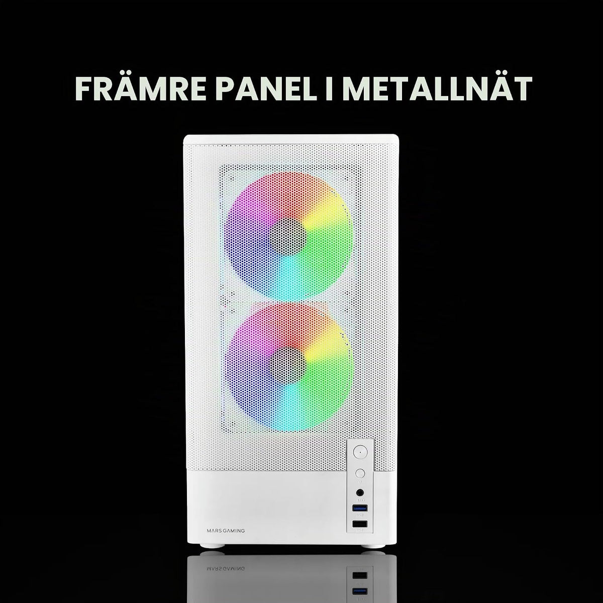 Mars Gaming MC-ONYX, MicroATX Gaming Chassi, Metallfront Mesh, Sidofönster i härdat glas, 3x ARGB FDB-fläktar, Dubbla kammare, Stöd för vätskekylning upp till 240mm, Vit