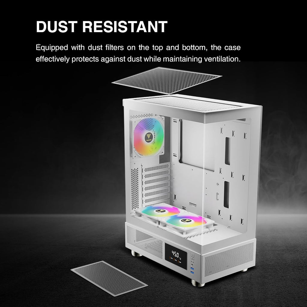 GAMDIAS ATLAS E1 WH Gaming ATX Mid Tower Datorfodral, anpassad bildskärm med programvara, 3 x 120 mm ARGB-fläktar (2 baksida), panorama härdat glasskärm, perforerad luftflödesventil PSU-kammare, vit