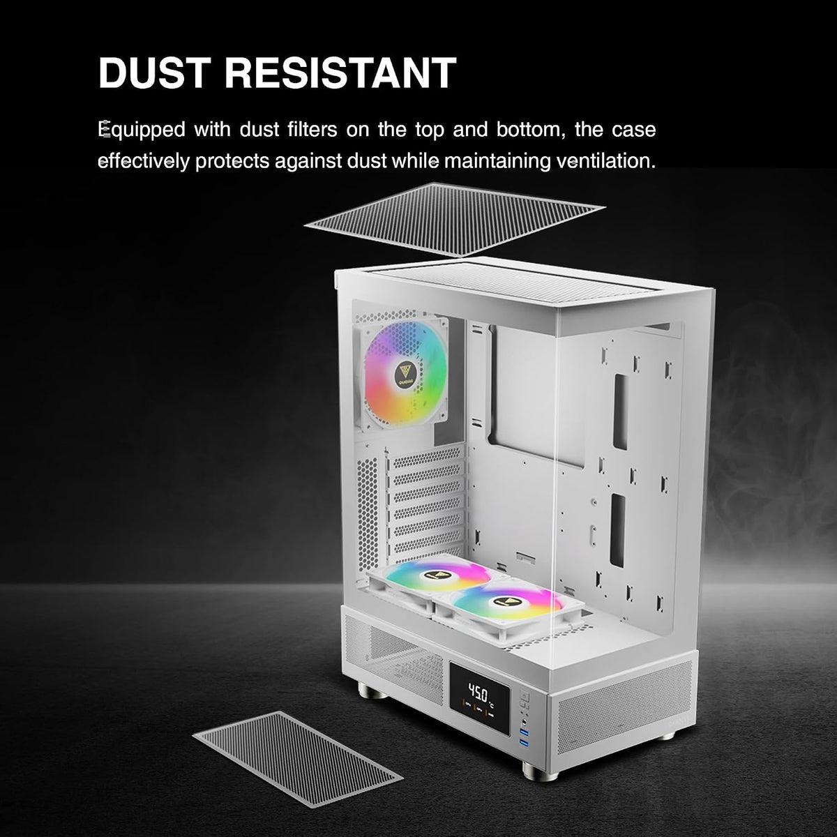 GAMDIAS ATLAS E1 WH Gaming ATX Mid Tower Datorfodral, anpassad bildskärm med programvara, 3 x 120 mm ARGB-fläktar (2 baksida), panorama härdat glasskärm, perforerad luftflödesventil PSU-kammare, vit