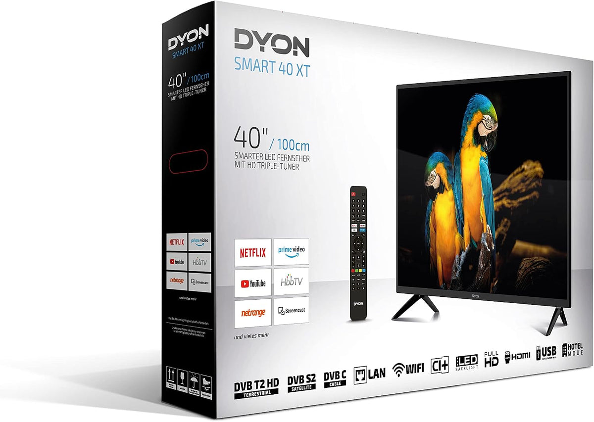 DYON Smart 40 VX-2 Full HD-TV, trippel HD-mottagare (DVB-C/-S2/-T2), App Store, Prime Video, Netflix, YouTube, DAZN, Disney+, svart