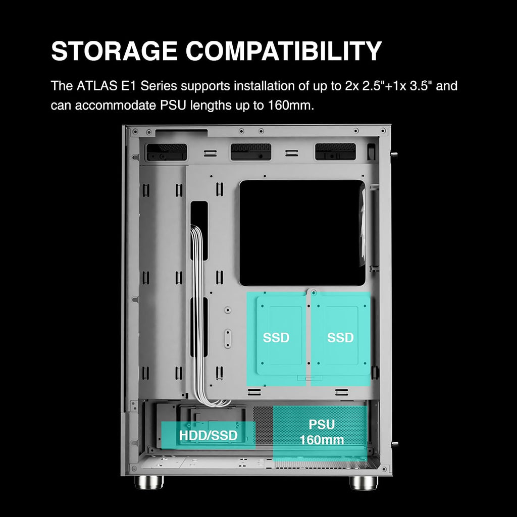 GAMDIAS ATLAS E1 WH Gaming ATX Mid Tower Datorfodral, anpassad bildskärm med programvara, 3 x 120 mm ARGB-fläktar (2 baksida), panorama härdat glasskärm, perforerad luftflödesventil PSU-kammare, vit