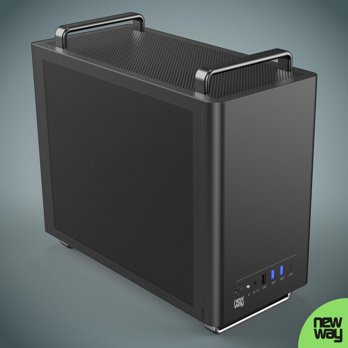 NEWWAY 2025 NC1 bärbart mini-torn, datorchassi, kompatibelt med Mini-ITX, ITX, Micro-ATX, typ-C, USB, inklusive 1 x fläkt, 9 mm, 3 Molex-stift, väggnät i metall (svart)
